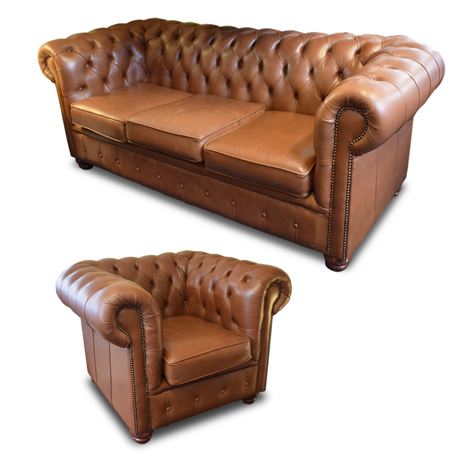 Chesterfield 3 Seater Sofa & Chair Light Brown Leather