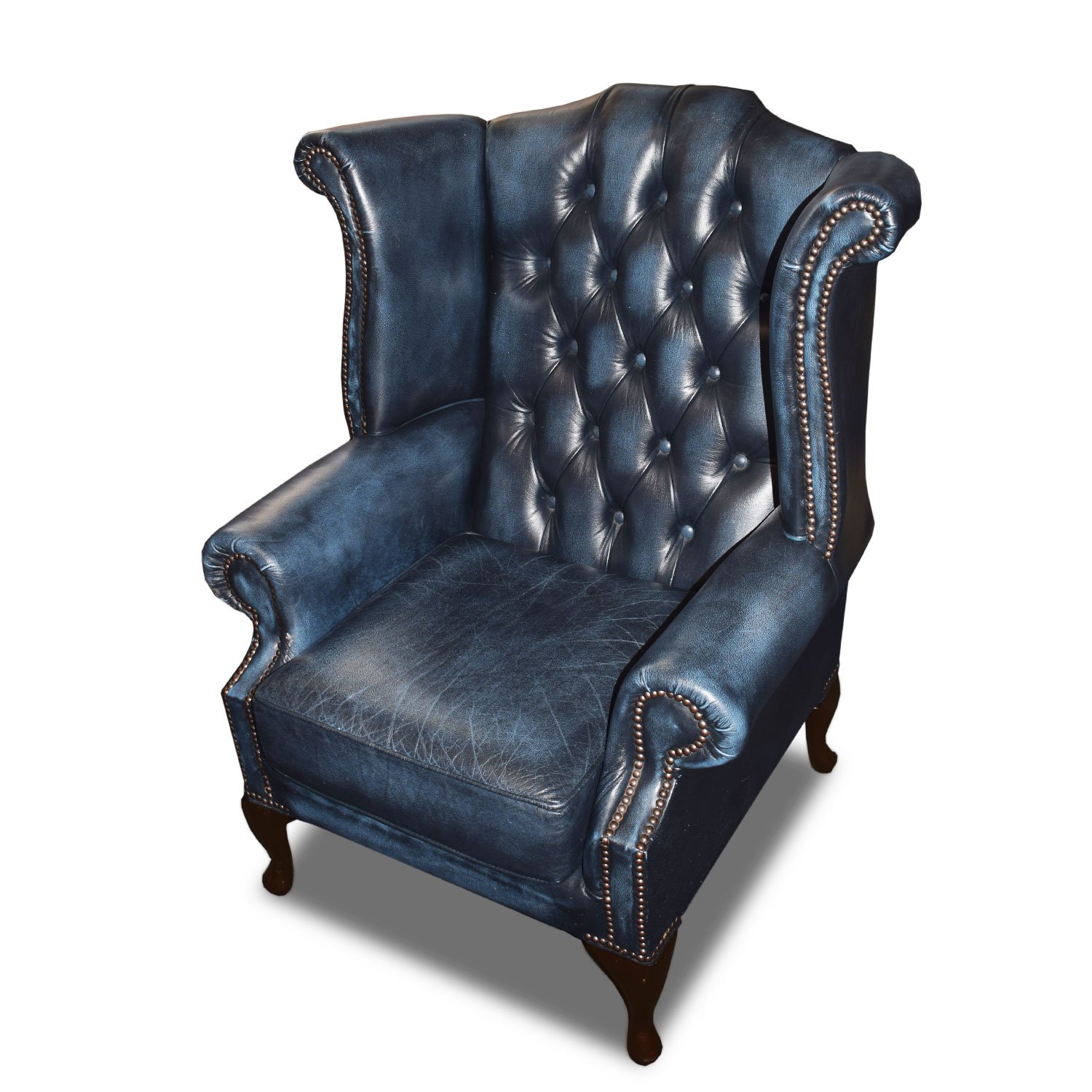 Chesterfield Queen Anne High Back Wing Chair Antique Blue