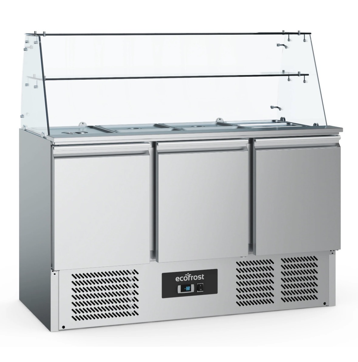 Commercial 3 Door Saladette Refrigerator Glass Top 368L Stainless Steel